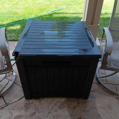 2 ROCKING SWIVEL PATIO CHAIRS AND A PLASTIC STORAGE BOX