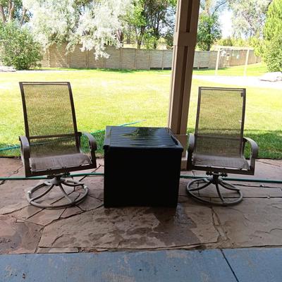 2 ROCKING SWIVEL PATIO CHAIRS AND A PLASTIC STORAGE BOX