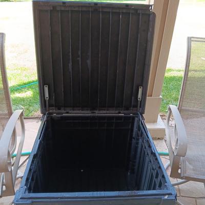 2 ROCKING SWIVEL PATIO CHAIRS AND A PLASTIC STORAGE BOX