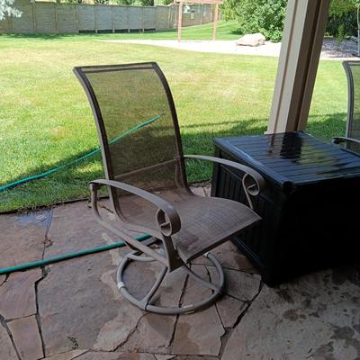 2 ROCKING SWIVEL PATIO CHAIRS AND A PLASTIC STORAGE BOX