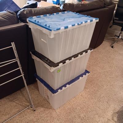 3 STORAGE TOTES, AN ORGANIZER, FLY ZAPPER AND PLASTIC TUB