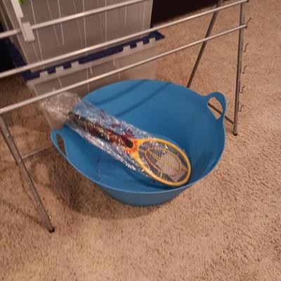 3 STORAGE TOTES, AN ORGANIZER, FLY ZAPPER AND PLASTIC TUB