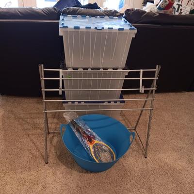 3 STORAGE TOTES, AN ORGANIZER, FLY ZAPPER AND PLASTIC TUB