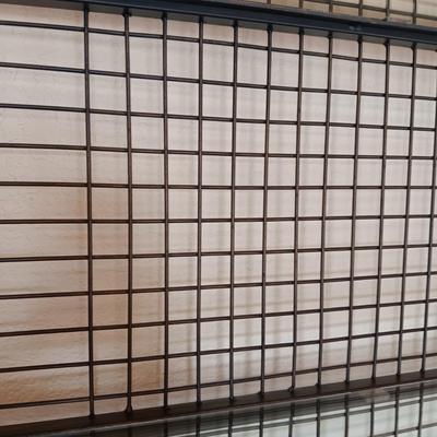 UNIQUE BUFFET WITH METAL FRAME GRID PANELED HUTCH THAT HAS 3 GLASS SHELVES