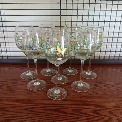 8 HAND PAINTED BUTTERFLIES ON LENOX CRYSTAL STEMMED GLASSES