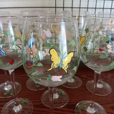 8 HAND PAINTED BUTTERFLIES ON LENOX CRYSTAL STEMMED GLASSES