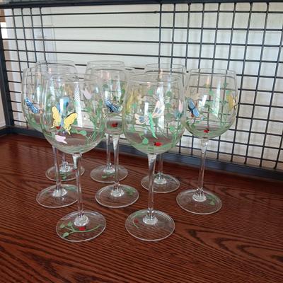 8 HAND PAINTED BUTTERFLIES ON LENOX CRYSTAL STEMMED GLASSES