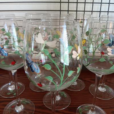 8 HAND PAINTED BUTTERFLIES ON LENOX CRYSTAL STEMMED GLASSES