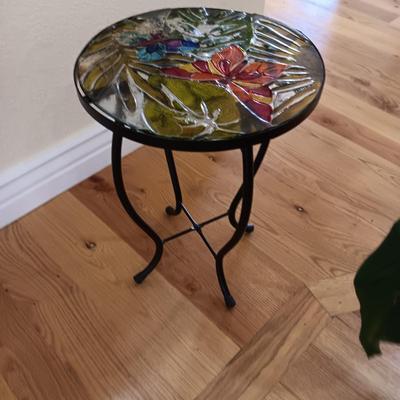 2 LIVE PLANTS AND A GLASS TOP PLANT STAND