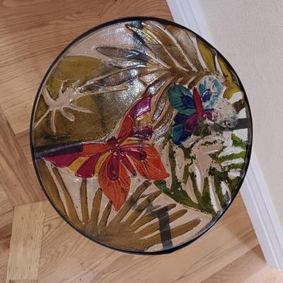 2 LIVE PLANTS AND A GLASS TOP PLANT STAND