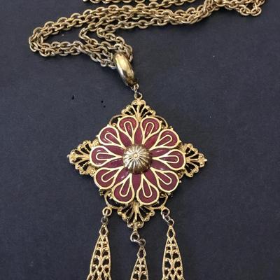 Vintage medallion square chunky tassel necklace red enamel medallion. Very nice.