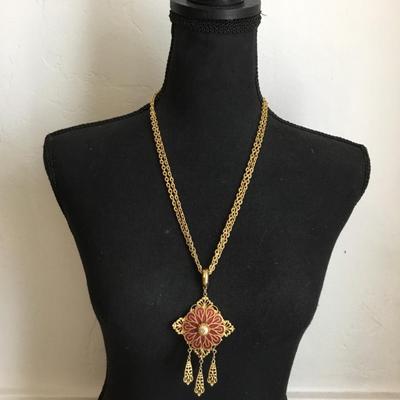 Vintage medallion square chunky tassel necklace red enamel medallion. Very nice.