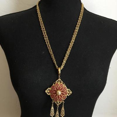 Vintage medallion square chunky tassel necklace red enamel medallion. Very nice.