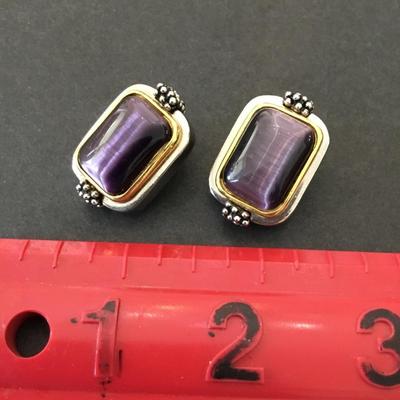 Beautiful, vintage, gold and silver, toned, chunky amethyst, gemstone type clip on earrings