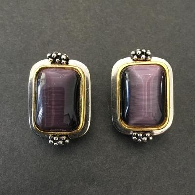 Beautiful, vintage, gold and silver, toned, chunky amethyst, gemstone type clip on earrings