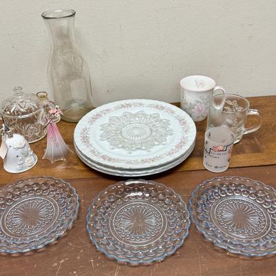 Bric Brac Lot - glass, ceramic, plates, cups, figurines, bells, Carafe, etc