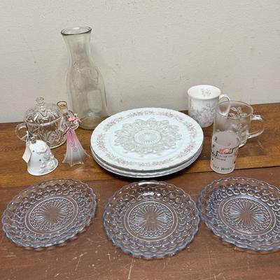 Bric Brac Lot - glass, ceramic, plates, cups, figurines, bells, Carafe, etc