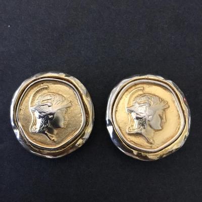 Vintage Norma Jean, Roman soldier, coin gold tone, clip on earrings