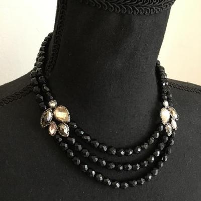 Beautiful, black bead, rhinestone statement necklace