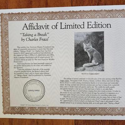 Sale Photo Thumbnail #504: 1897/3950, with affadvit 
20 x 24 inches
Limited Edition Print by
Charles Frace’
Published by the American Masters Foundation’
Jacketed = in a closed envelope to protect the print
Signed = Signature on the print
LETTER OF LIMITED EDITION – LOA