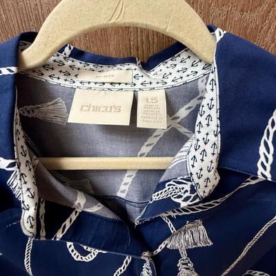 Navy Blue & Gold Top Chico's size 1.5 (USA size 10) tassle pattern