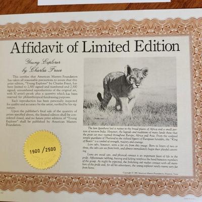 Sale Photo Thumbnail #514: 22 x 25 inches
Affadvit   1900/2500
Limited Edition Print by
Charles Frace’
Published by the American Masters Foundation’
Jacketed = in a closed envelope to protect the print
Signed = Signature on the print
  OR LETTER OF LIMITED EDITION – LOA
