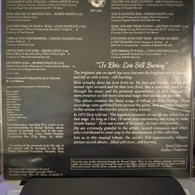Sale Photo Thumbnail #95: The "To Elvis: Love Still Burning" LP picture disc is a vinyl record released in 1978 as a tribute to Elvis Presley. 
Here are details about this record:
The record features an image of Elvis Presley and is a tribute album with various artists performing 