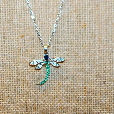 Blue Headed, Green Tailed & Silvery Wings Dragonfly PENDANT (1" x 1") on a Silver Tone Necklace Chain 18" L