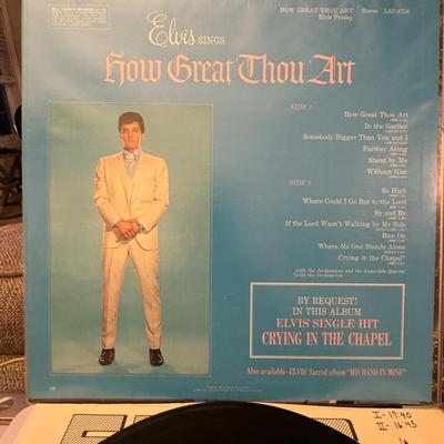 Sale Photo Thumbnail #156: "How Great Thou Art" by Elvis Presley. 
Here's some information about the album:
Release and Genre: "How Great Thou Art" is a gospel album released by RCA Victor in February 1967, and it is considered his ninth studio album.
Critical Acclaim: It earned El