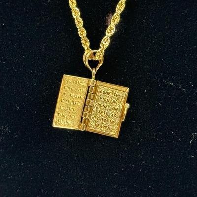 Lot 24: 14k Gold Necklace with Holy Bible & Scripture Pendant - 5g