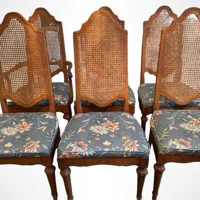Cane-Back Dining Chairs with Upholstered Seats - Set of 6