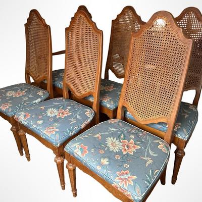 Cane-Back Dining Chairs with Upholstered Seats - Set of 6
