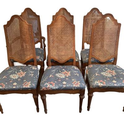 Cane-Back Dining Chairs with Upholstered Seats - Set of 6