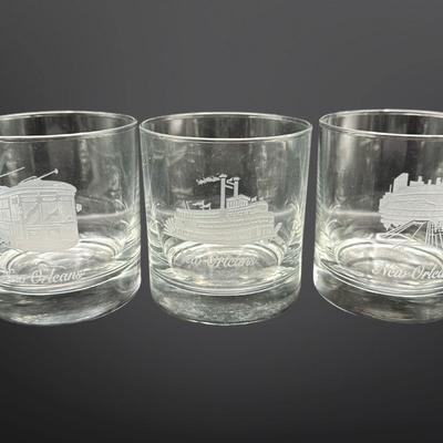 Etched New Orleans Themed Rock Glasses - Set of 6