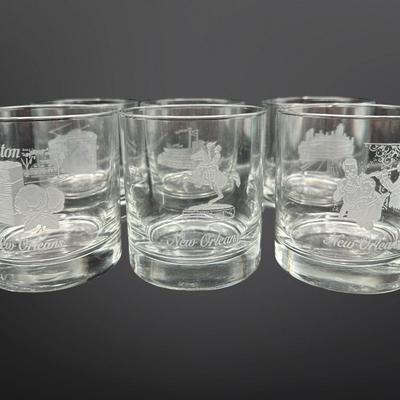 Etched New Orleans Themed Rock Glasses - Set of 6