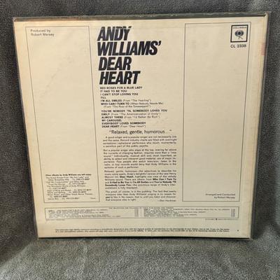 Sale Photo Thumbnail #283: Andy Williams' Dear Heart, a classic vinyl LP.
Here is some information:
Artist: Andy Williams, an American singer known for his smooth voice and easy-listening style.
Album Title: Dear Heart.
Release Year & Label: The album was released in 1965 on Columb