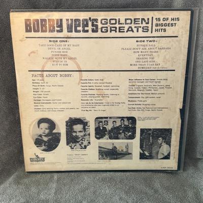 Sale Photo Thumbnail #459: Bobby Vee's Golden Greats, a compilation album by American singer Bobby Vee. 
Here's some information about this album:
Artist: Bobby Vee.
Album Title: Bobby Vee's Golden Greats.
Release Year: The album was released in November 1962.
Record Label: It was 