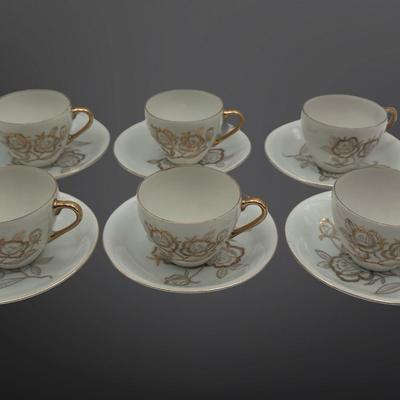 Demitasse Cups and Saucers with Gold Floral Design - Set of 6