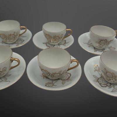Demitasse Cups and Saucers with Gold Floral Design - Set of 6
