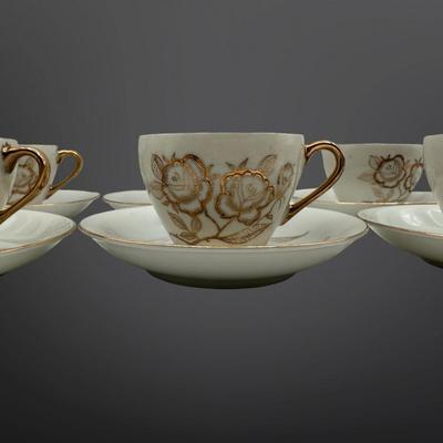 Demitasse Cups and Saucers with Gold Floral Design - Set of 6