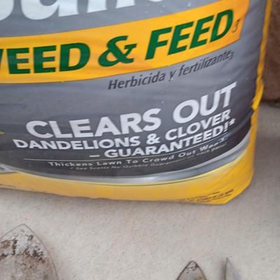 NEW BAG OF TURF BUILDER, WEED SPRAYER AND GARDEN TOOLS