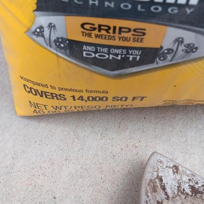 NEW BAG OF TURF BUILDER, WEED SPRAYER AND GARDEN TOOLS