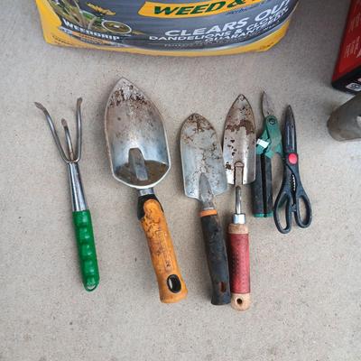 NEW BAG OF TURF BUILDER, WEED SPRAYER AND GARDEN TOOLS