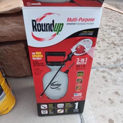 NEW BAG OF TURF BUILDER, WEED SPRAYER AND GARDEN TOOLS