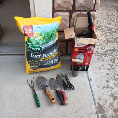 NEW BAG OF TURF BUILDER, WEED SPRAYER AND GARDEN TOOLS