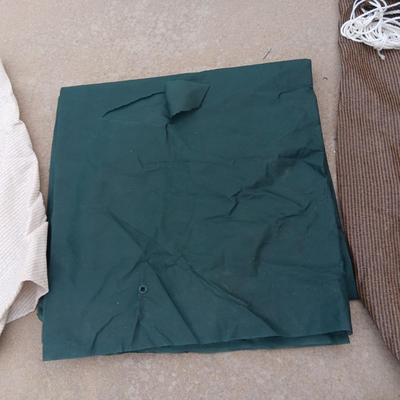 2 TRIANGLE SHADE TARPS AND SOME OUTDOOR MATERIAL
