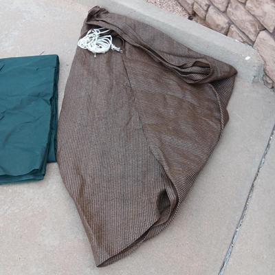 2 TRIANGLE SHADE TARPS AND SOME OUTDOOR MATERIAL