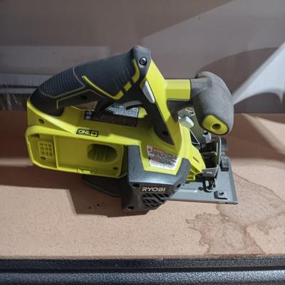 RYOBI INFLATOR, CIRCULAR SAW AND DRILL (INCLUDES CHARGER BUT NO BATTERY)