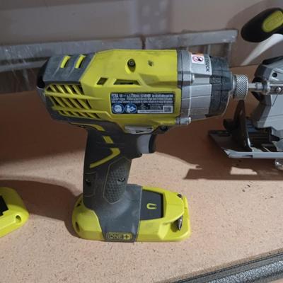RYOBI INFLATOR, CIRCULAR SAW AND DRILL (INCLUDES CHARGER BUT NO BATTERY)