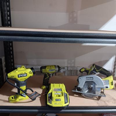 RYOBI INFLATOR, CIRCULAR SAW AND DRILL (INCLUDES CHARGER BUT NO BATTERY)